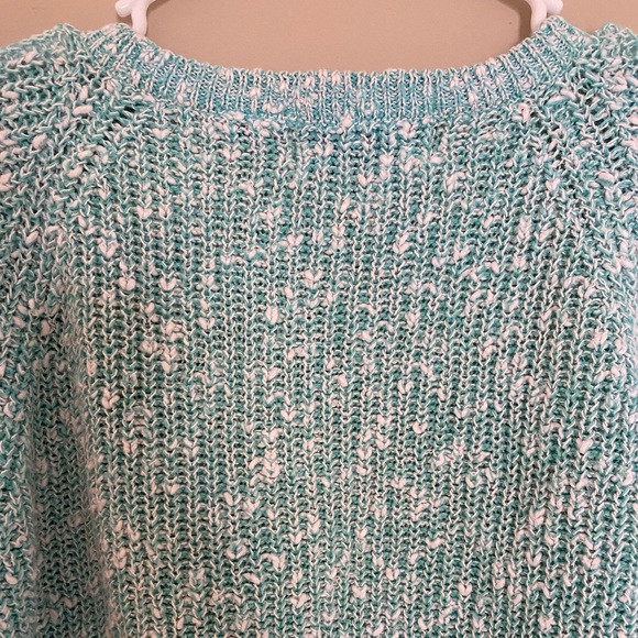 Yarn Works Petite Mint Green White Knit Short Sleeve Sweater - Picture 6 of 7